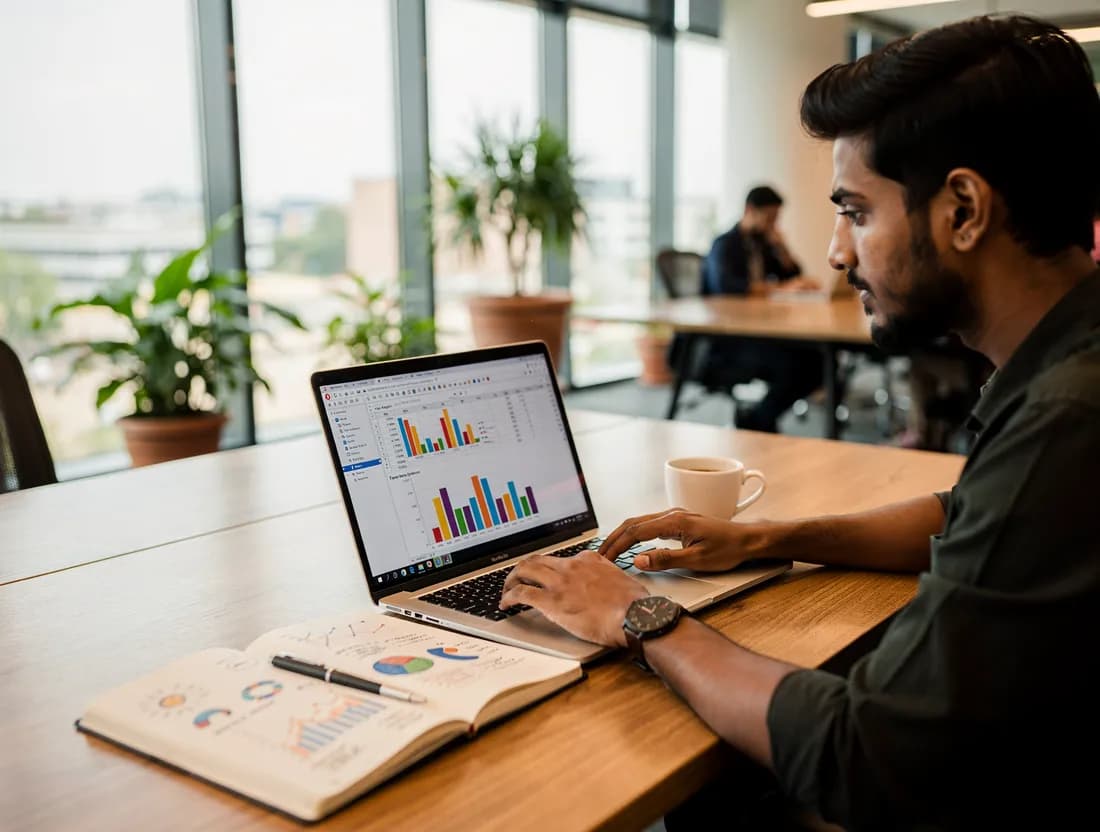A learner working through charts and data on a laptop