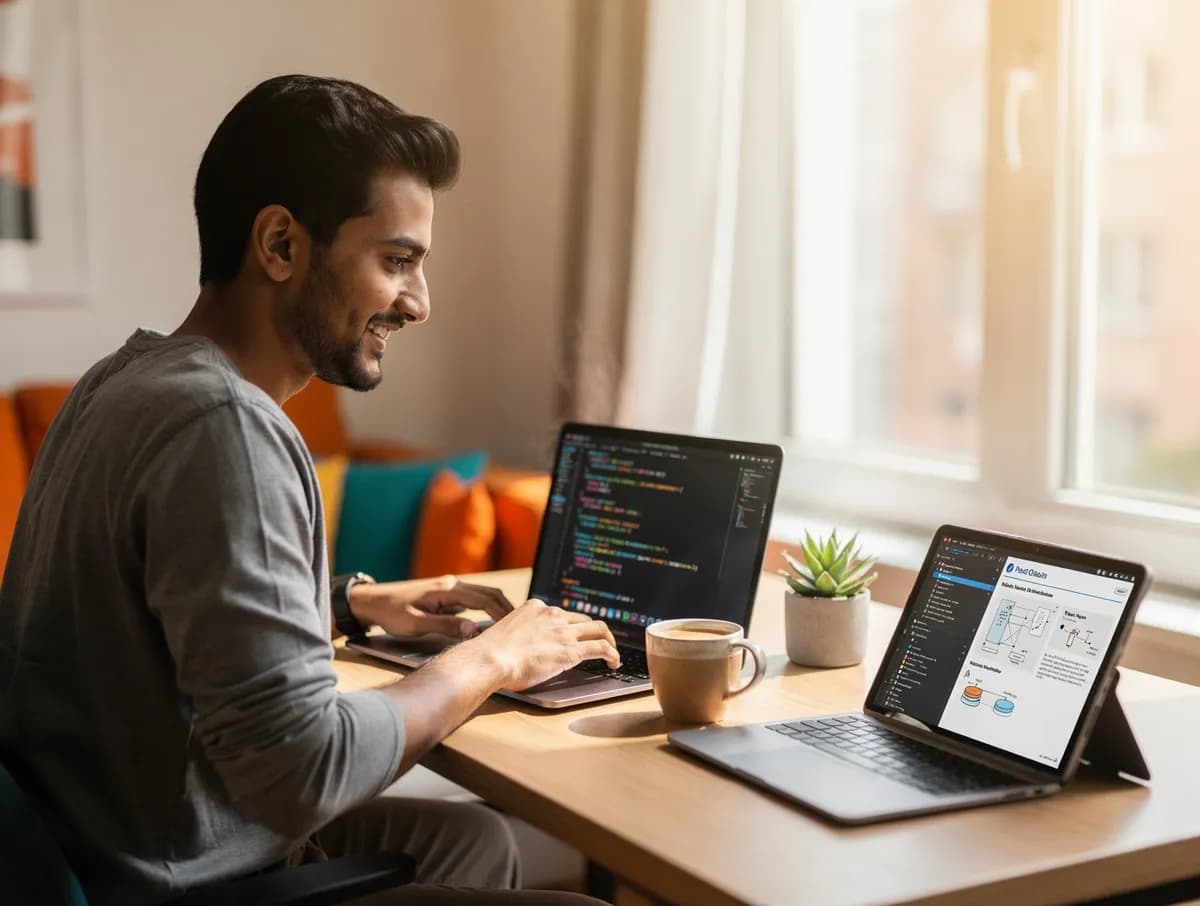 A developer learning with TECH BOOKS guides on his laptop and tablet