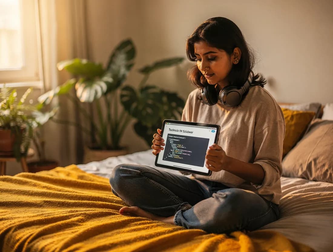A learner reading a programming guide on a tablet